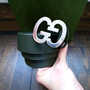 $599 Brand New Gucci Interlocking GG Men's Leather Belt Green Olive 46"